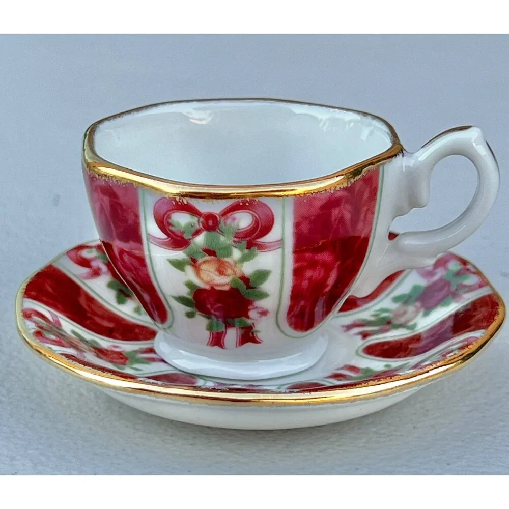 Royal Albert Old Country Roses Ruby Damask Miniature China Teacup & Saucer Set